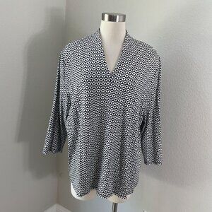 Talbots Womens Plus 2X Black White Floral Tunic Top 3/4 Sleeve V Neck Stretch